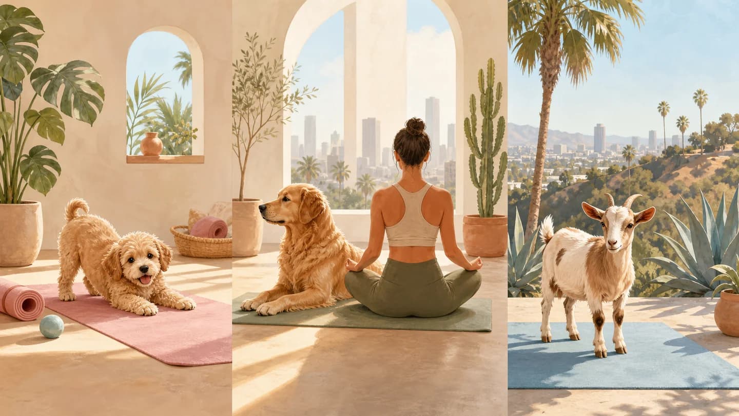 Editorial comparison of puppy yoga, dog yoga, and goat yoga in Los Angeles