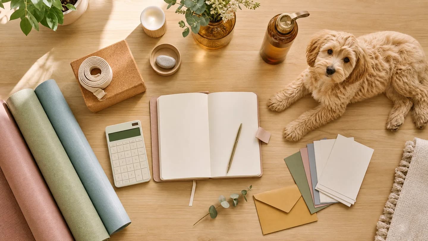 Puppy yoga private-event planning materials, calculator, mats, and a relaxed puppy
