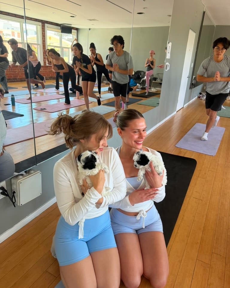 Guests practicing puppy yoga in the Puppy & Flow Westwood studio