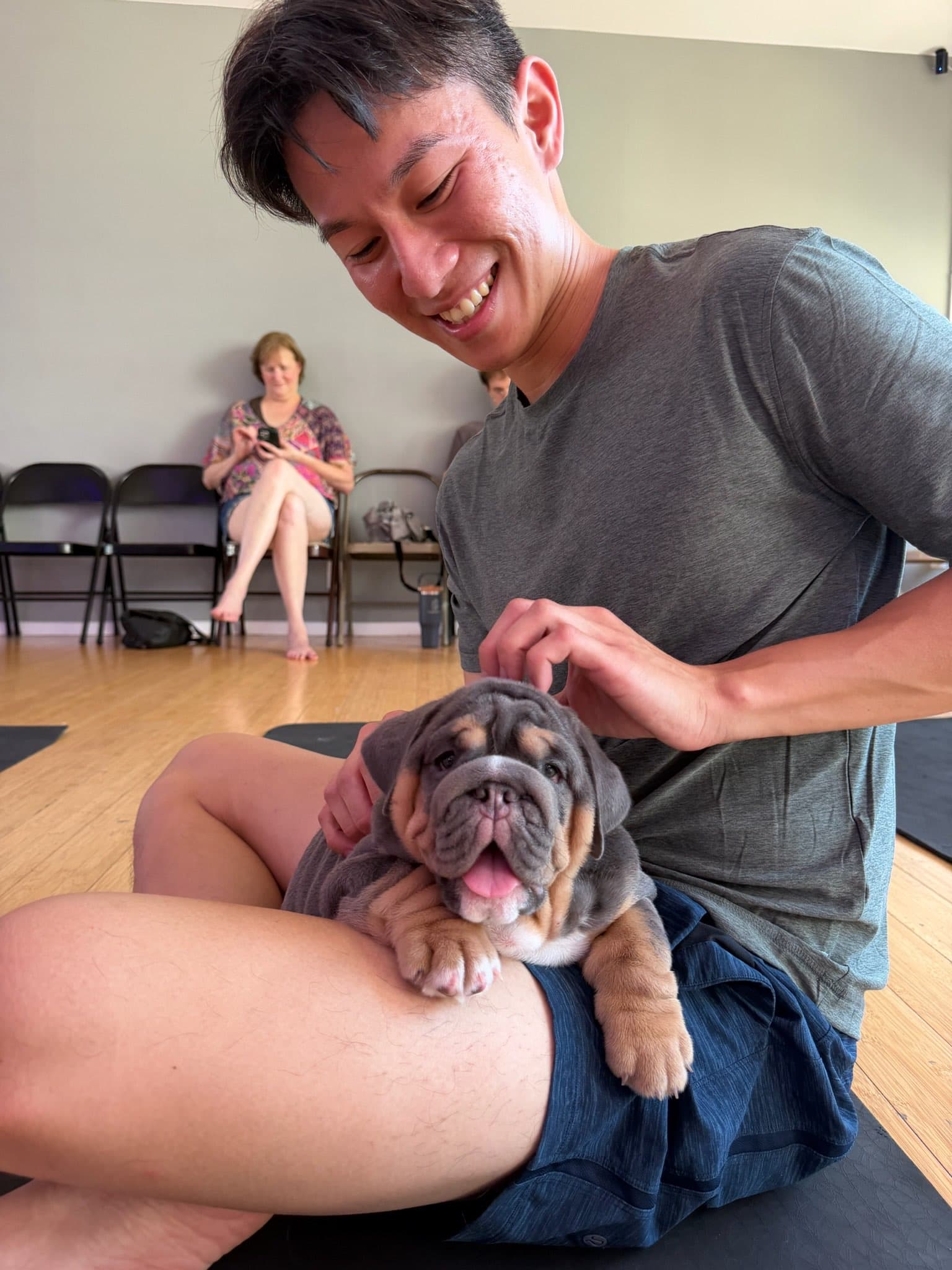 A guest smiling while gently petting a bulldog puppy during class
