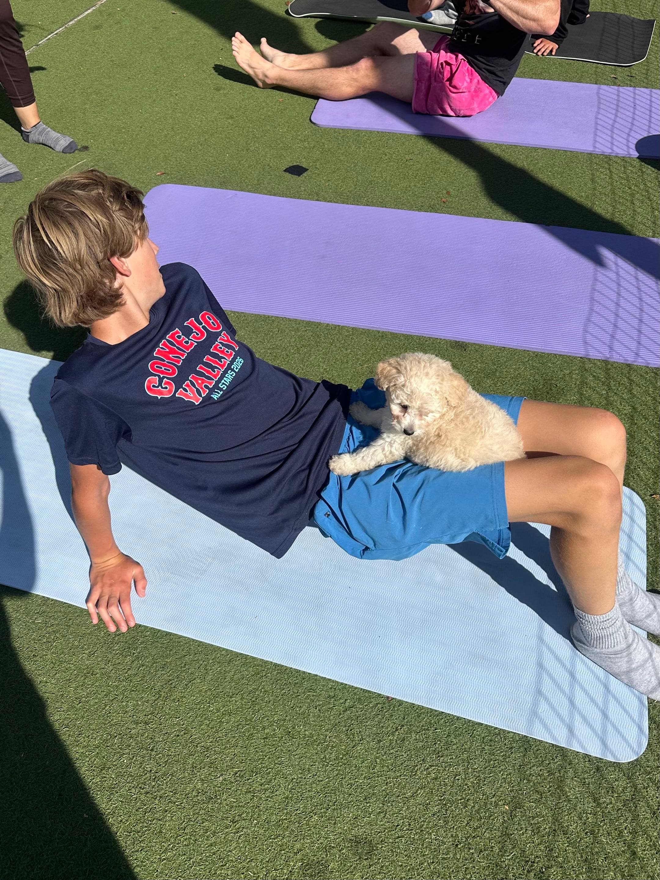 A happy puppy at a Puppy & Flow class