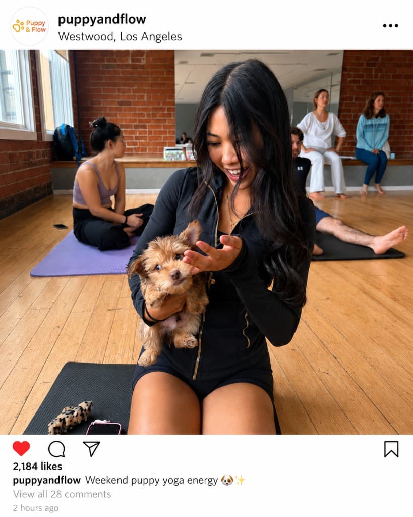 Energetic puppy yoga session near UCLA in Westwood